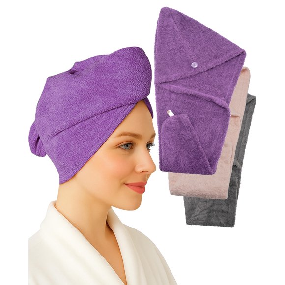 Textila Toallas Envolventes Para El Cabello 100% Algodón Para Mujer (Paquete De 3 Rosa Ciruela Y Gris) - Toallas Turbantes Suaves Y Absorbentes Para Cabello Largo Y Rizado Propenso Al Encrespamiento