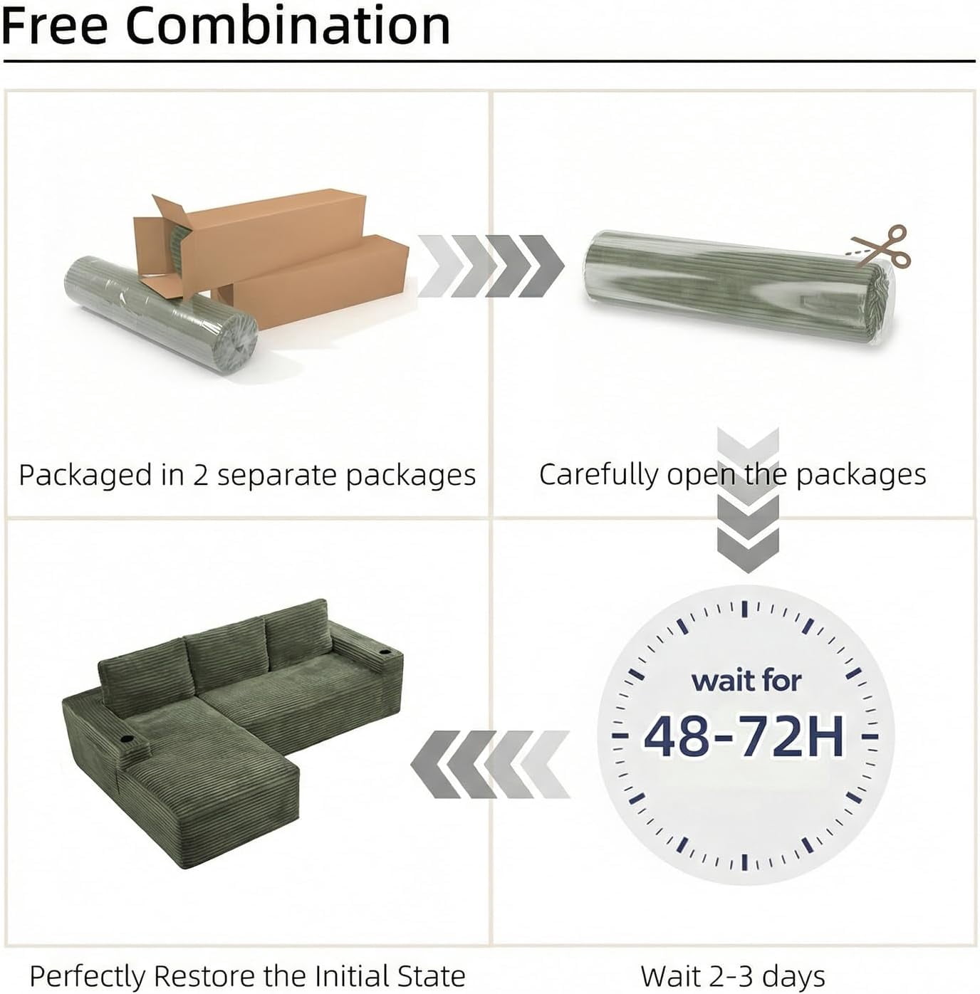 104" Cloud Modular Sectional Sofa, Corduroy Boneless L-Shape Chaise Couch with Deep Seat for Living Room Bedroom, No Assembly Required