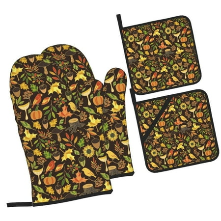 

Haiem Autumn Plants Maple Tree Vintage Print Extra Long Oven Mitts and Pot Holders 4pc Sets: Heat Resistant Silicone Oven Mittens with Mini Oven Gloves and Hot Pads Potholders