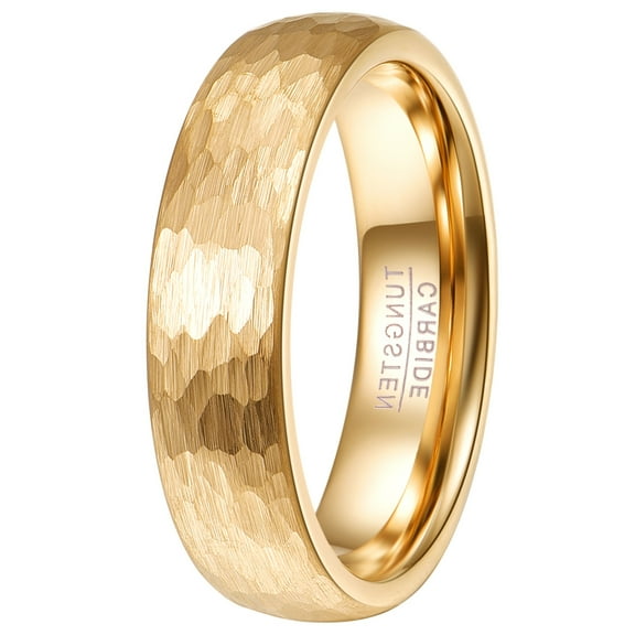 6mm Gold Hammered Tungsten Carbide Ring Wedding Band for Unisex Dome Style Size 5-12