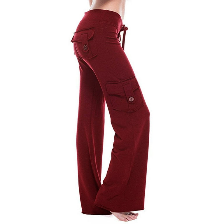 Dadaria Yoga Pants Women Tall Autumn Women Workout Out Leggings Stretch  Waist Button Pocket Yoga Gym Loose Pants Wine M,Women 