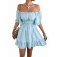 thumbnail image 3 of Women'S Summer Off Shoulder Mini Dress Ruffle Sleeve Elastic Waist Ruffle Hem Cute Beach Elegant Short Dresses Blue S, 3 of 9