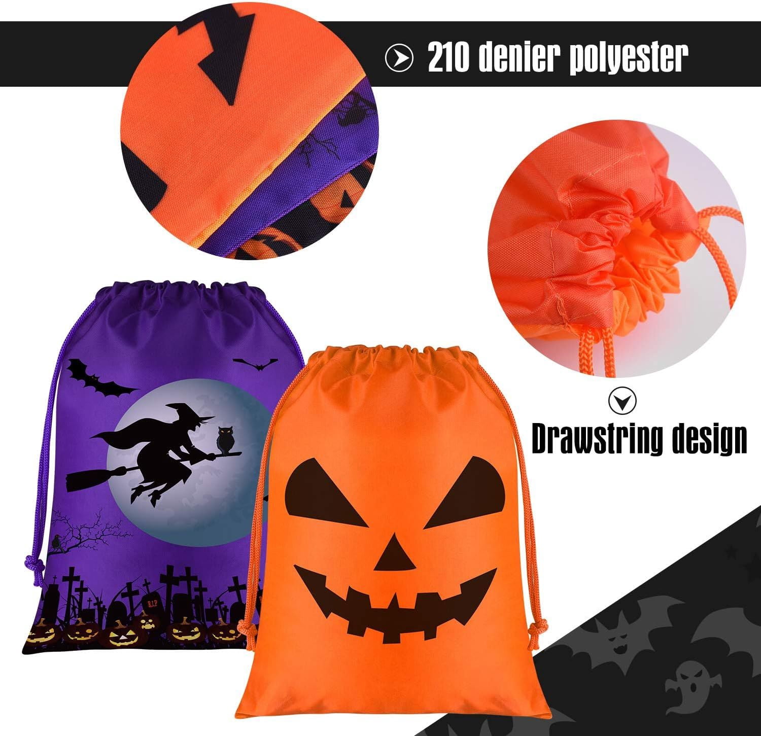 12 Pack Halloween Drawstring Bags with 7 Designs for Trick or Treat Party Favors