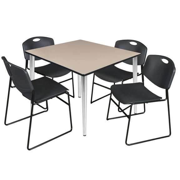 Regency Kahlo 48 in. Square Breakroom Table- Beige Top, Chrome Base & 4 Zeng Stack Chairs- Black