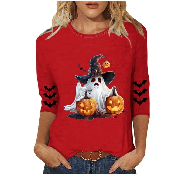 Edvintorg Womens 3/4 Sleeve Tops Halloween Printed Crew Neck Casual Lightweight Pullover Shirt Plus Size Women Clothing S-5XL Red