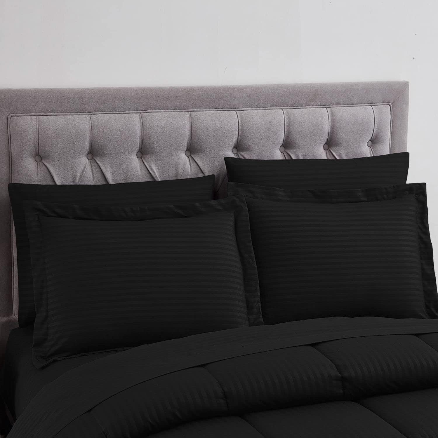 D.N.G. BEDDINGS Full/Queen Size 800 Thread Count, 100% Egyptian Cotton, Black Premium Hotal Quality, 1 Piece Box Design Striped Comforter Set