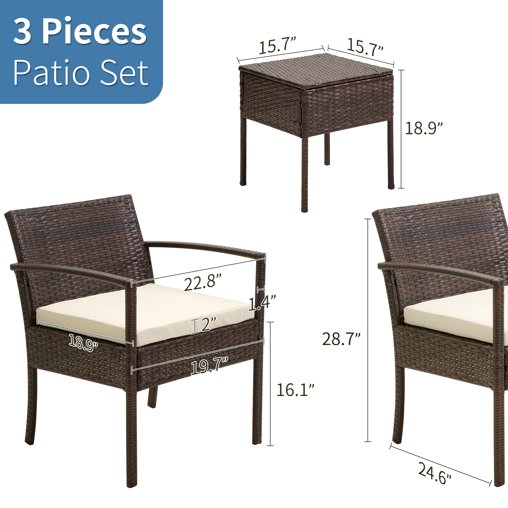FHFO Patio Furniture Set Outdoor Furniture Outdoor Patio Furniture Set 3 Pieces Patio Conversation Set Table and Chairs with Cushions for Garden Balcony Backyard Porch Lawn Brown Rattan White Cushion - image 2 of 6