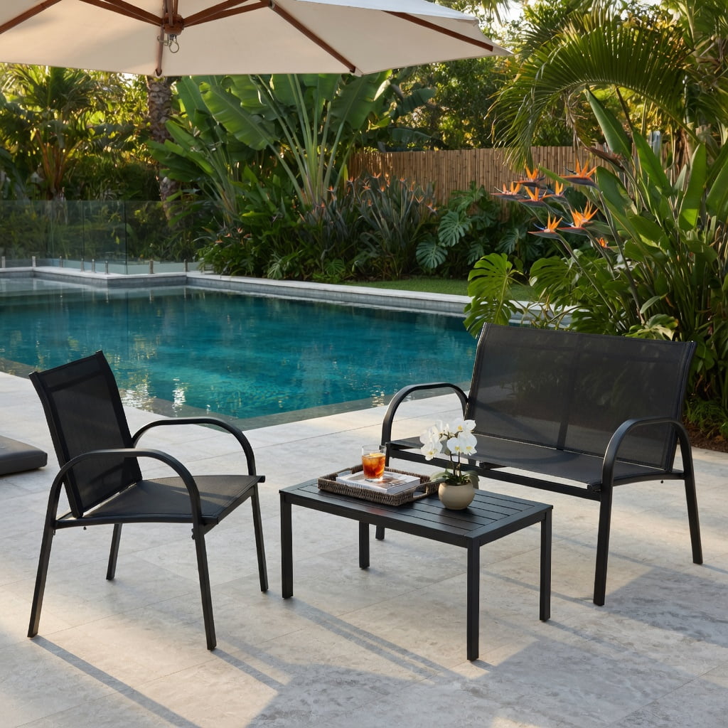 Hommoo 4-Piece Modern Outdoor Patio Furniture Set, Steel Frame Loveseat, Two Single Sofas & Tempered Glass Top Coffee Table for Backyard, Deck or Balcony, Black