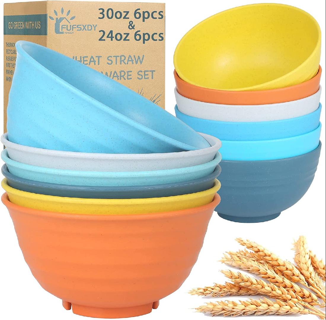 Cereal Bowls, 12 PCS Unbreakable Straw Bowls, 6 PCS 30 OZ Salad Bowls
