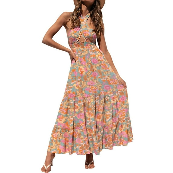 Gureui Women's Tie-Up Halter Dress, Flower Print Hollow-Out Sleeveless Backless Ruffle Hem Slim Fit Party Holiday Long Dresses