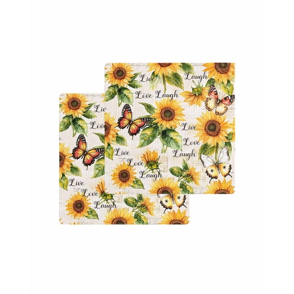 Sunflower Kitchen Dish Towels for Drying Dishes Set of 2, Summer Botanical Vintage Spring Floral Butterfly Waffle Weave Microfiber Terry Hand Tea Bathroom Towels Quick Dry & Absorbent Towel 12x12