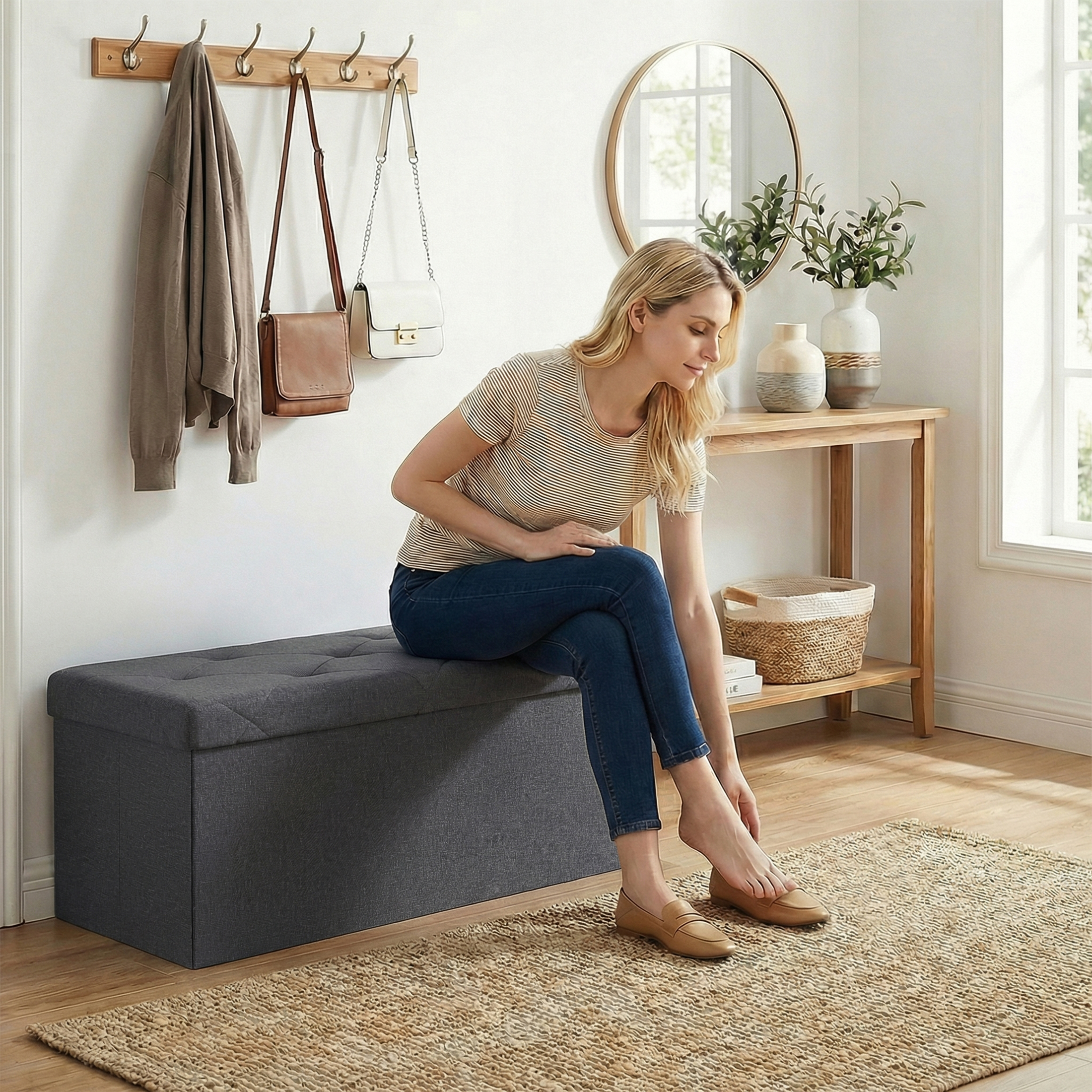 EDX 30" Folding Storage Ottoman Bench, Grey Linen photo 8