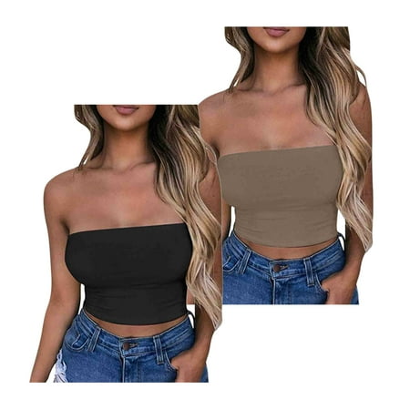Lovskoo Womens 2 Pack Tube Tops Crop Tops Going Out Strapless Basic Backless Bandeau Bra Summer Outfits 2024 Y2K Clothes Black + Khaki