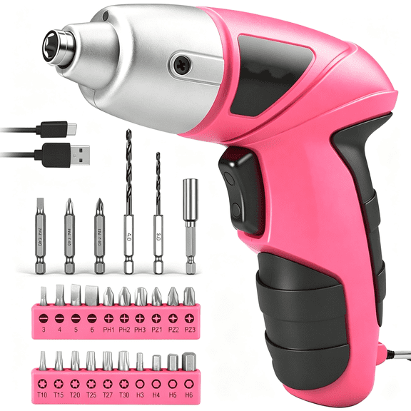 CURYMAY Small Electric Screwdriver,Mini Drill Set,Rechargeable 3.6V Cordless Screwdriver with 26 Driver Bits,Power Tool for Small Projects&Home Use,Pink