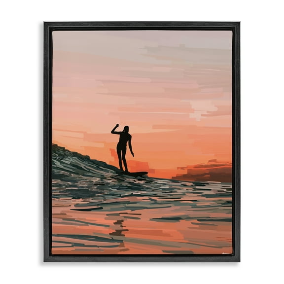 Stupell Industries Woman Surfing at Sunset Nautical & Beach Painting Black Floater Framed Canvas Art Print Wall Art, 17 x 21