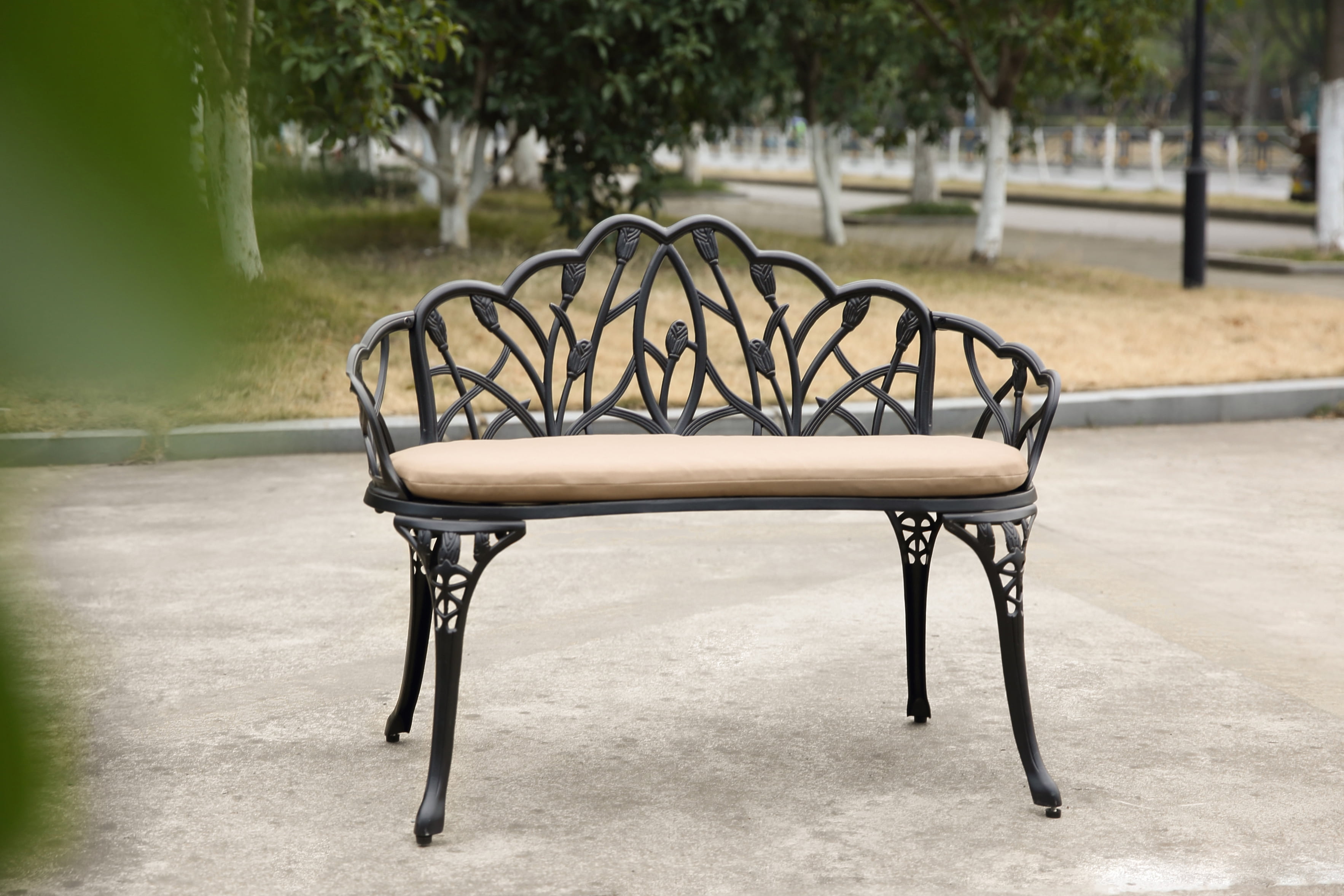 Cast Aluminum Tulip Garden Bench with Cushion, Weather-Resistant Outdoor Park Bench for Patio and Lawn, Black
