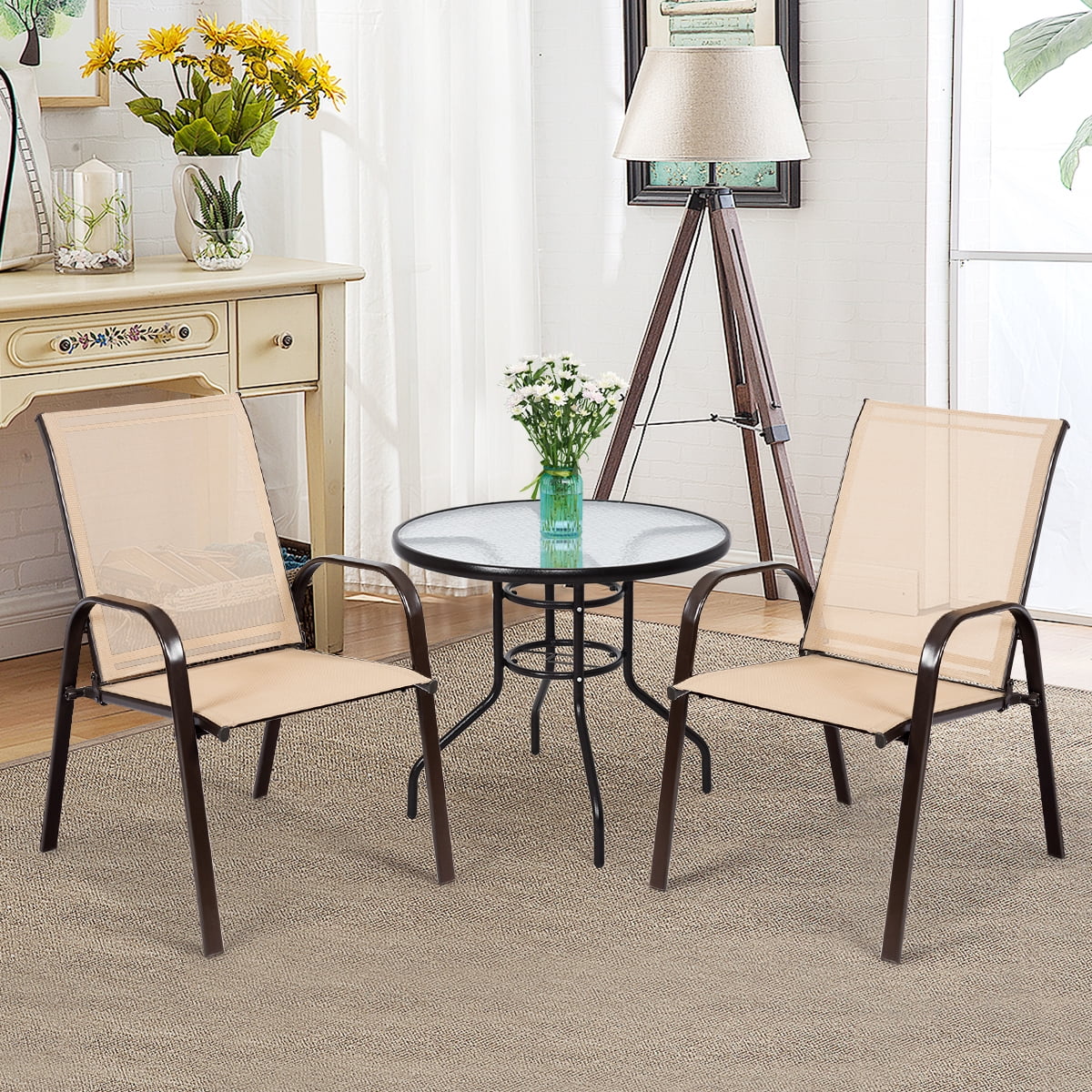 Costway 4PCS Patio Chairs Dining Chair Garden Deck Yard W/Armrest Beige