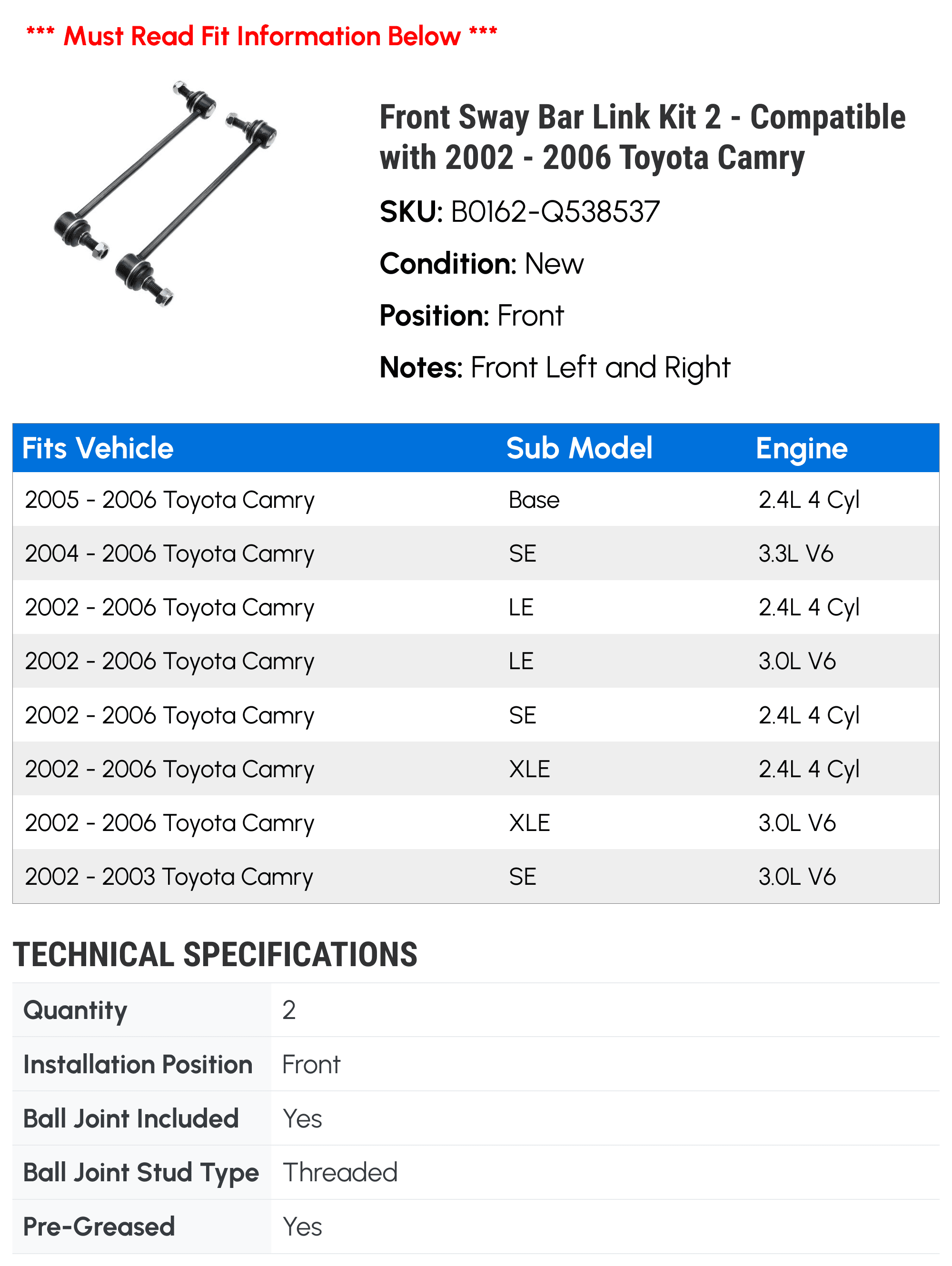 Front Sway Bar Link Kit 2 - Compatible with 2002 - 2006 Toyota Camry - Autopart Premium