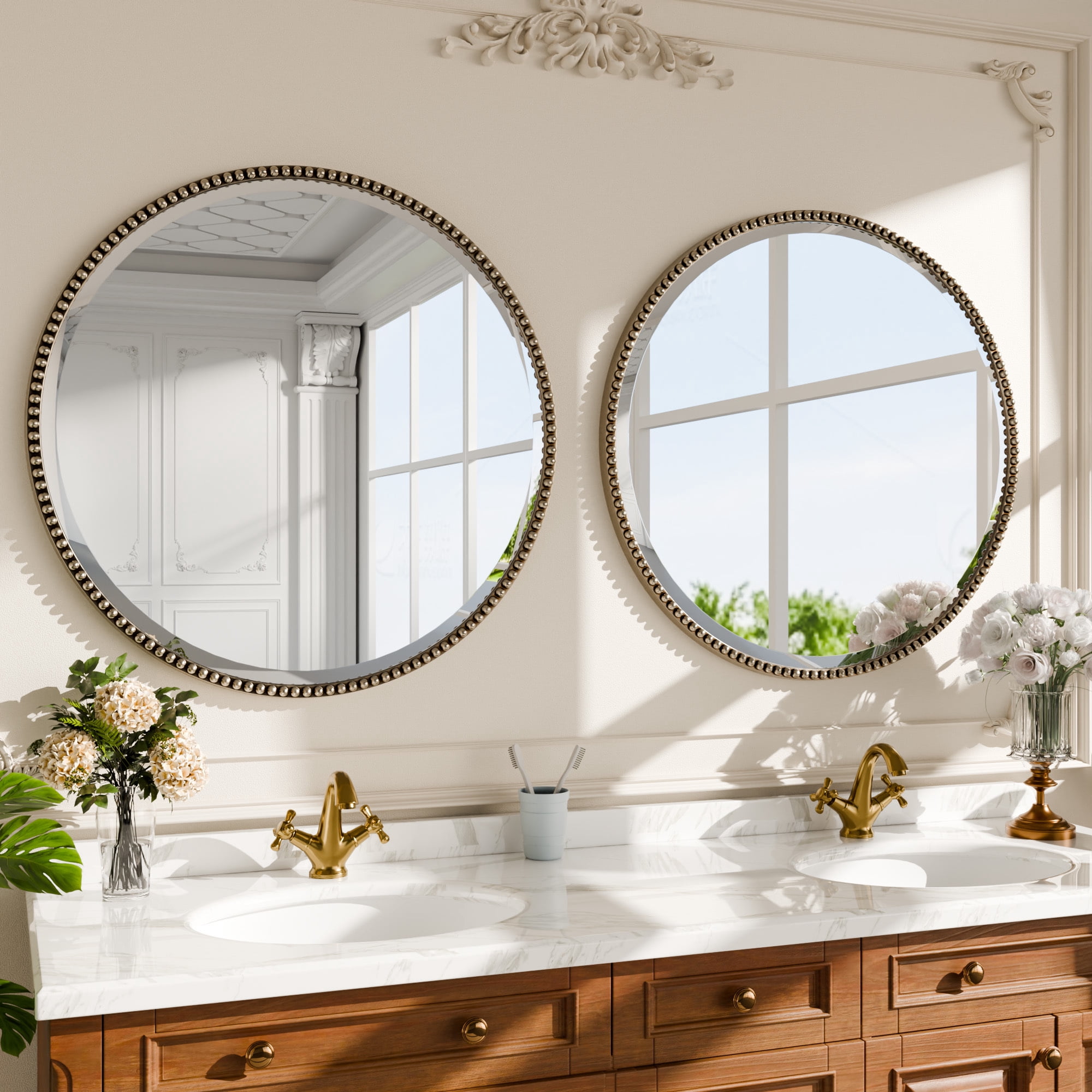 Puremirror 32" Round Bathroom Mirror Decoration Wall Mirror with Beaded Frame, Silver