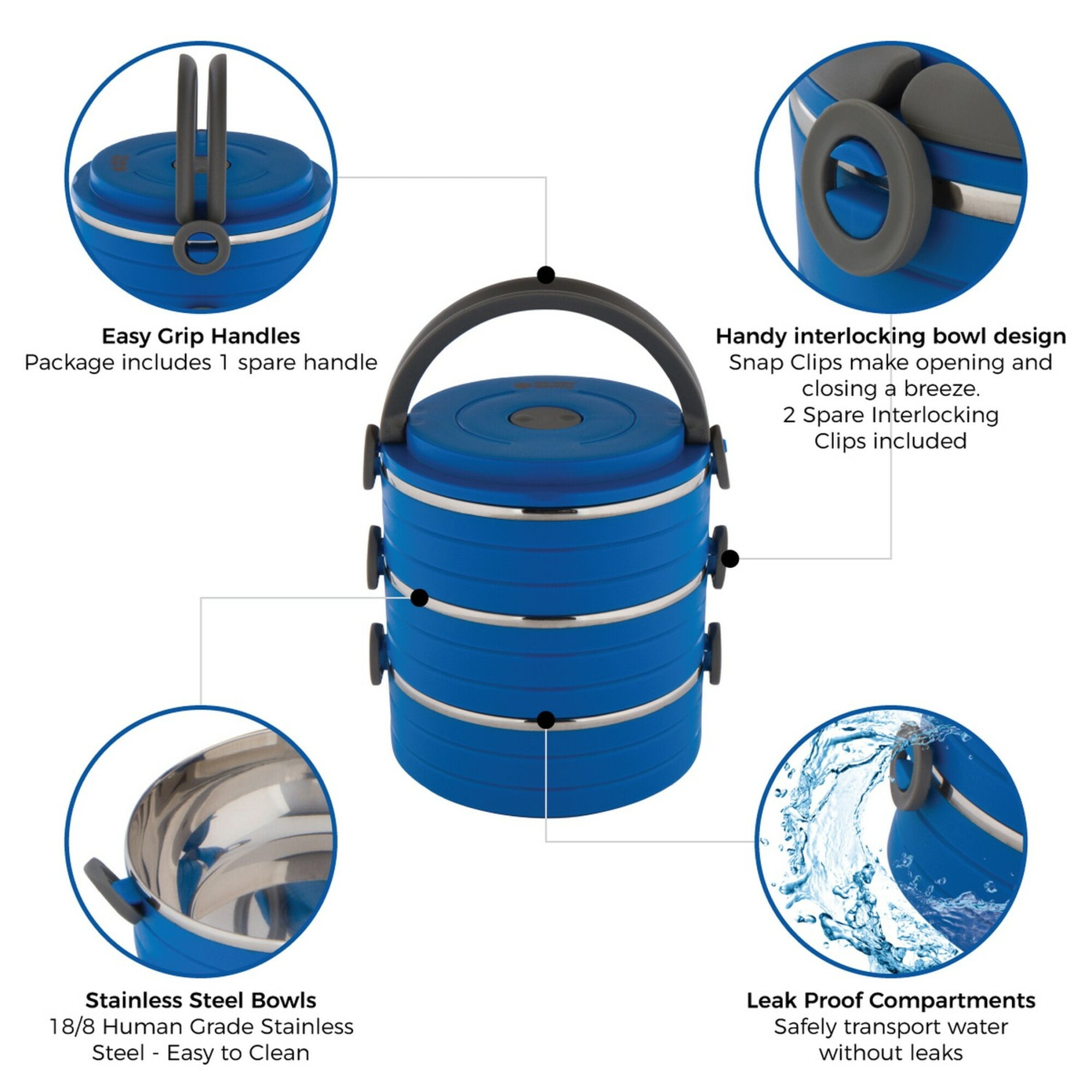 Healthy Human Travel Dog Bowls | Stainless Steel Go Pet Bento Bowl | Stackable Cat & Dog Food Bowls | Leak Proof | Set of 3 Interlocking Bowls, 2 Spare Clips, 1 Spare Handle (Blue)