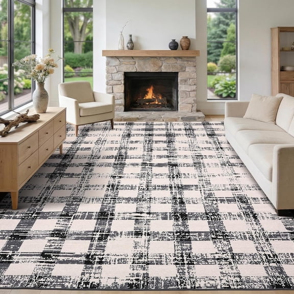 9x12 Ft Area Rug Living Room Washable Non Slip Low Pile Modern Checkered Black