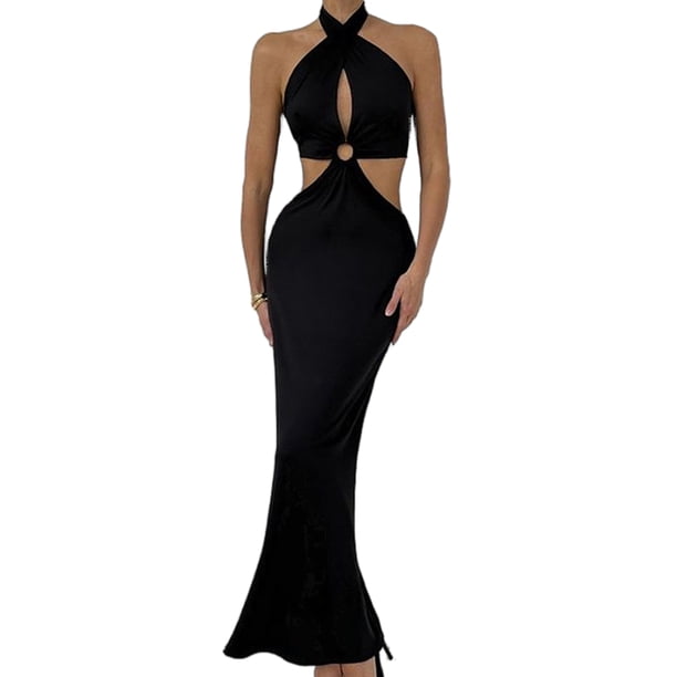 Vestido ajustado ahuecado Sexy Ygjytge color sólido cuello redondo traje de vacaciones Negro T S para Mujer