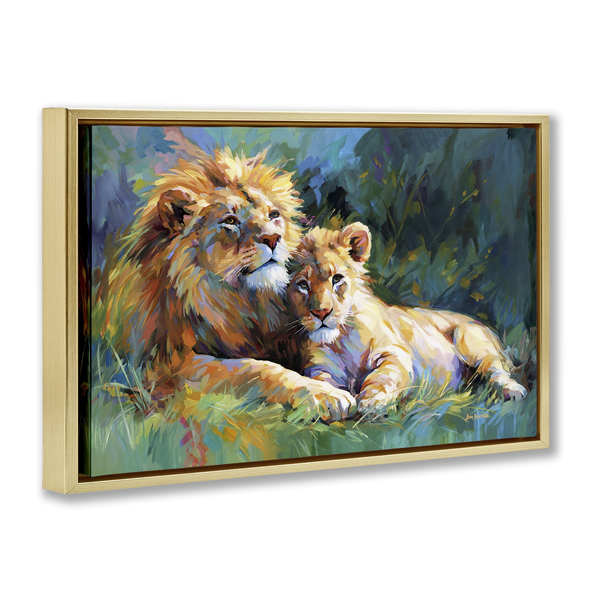 Stupell Industries Lion's Embrace Portrait Animals & Insects Painting Gold Floater Framed Canvas Art Print Wall Art, 31 x 21