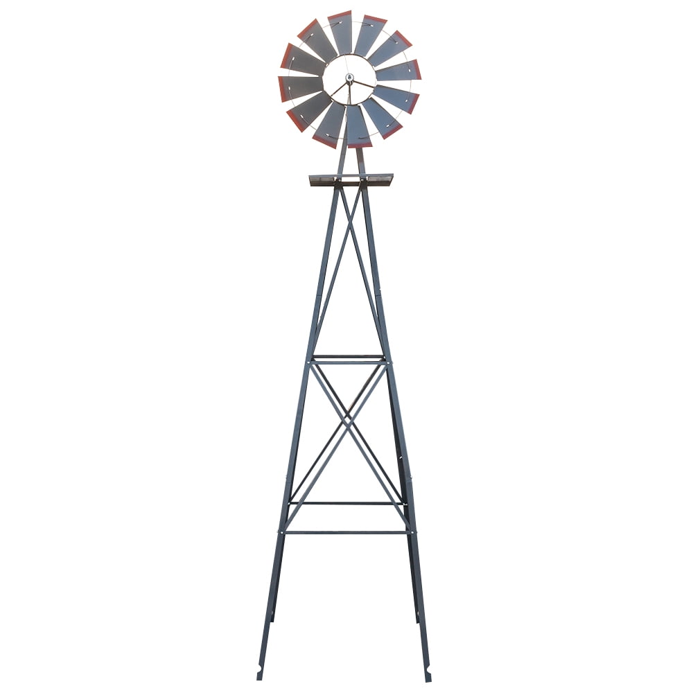 Galvanized w/ Silver Red Tips 8ft Ornamental Decor Garden Windmill Weather Vane 