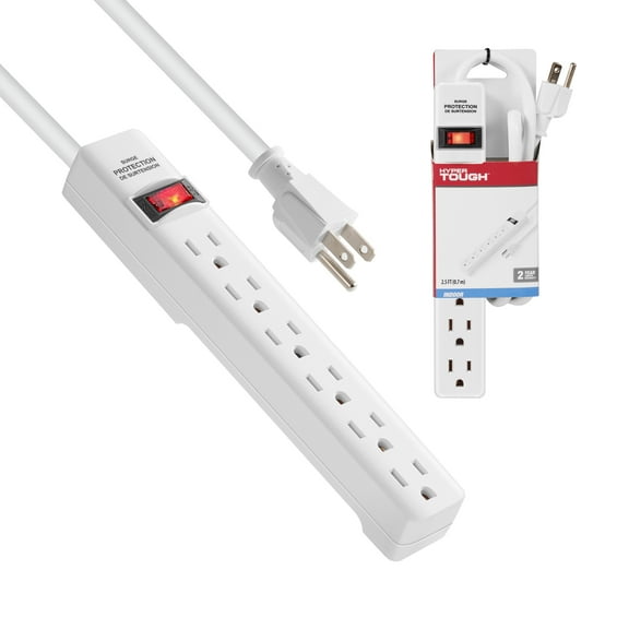 Hyper Tough Indoor 6-Outlet 2.5ft 500J Surge Protector, White , 15A, 125V