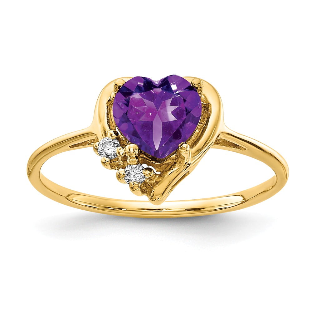 14K Yellow Gold Diamond & Amethyst February Stone Heart Ring Size 7 