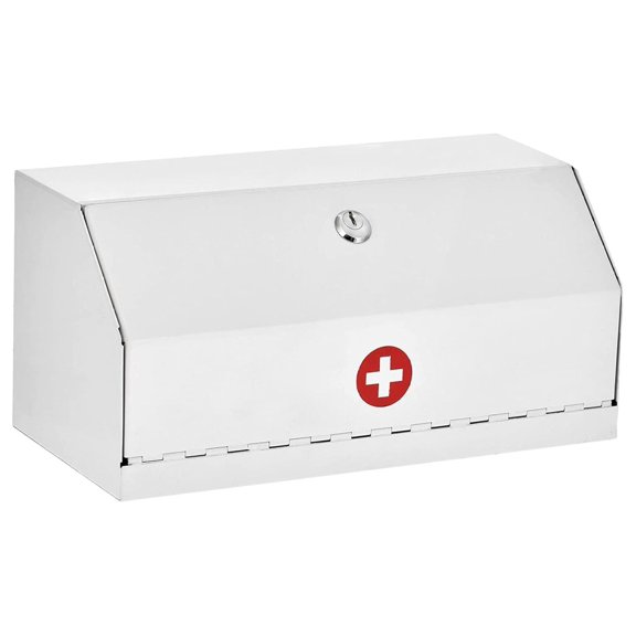 MOWENTA Medicine Lock Box for Medication with Key - Wall Mounted Locking First Aid Medicine Cabinet, Secured Prescription Storage for Peace of Mind Around Kids , School (Steel White)