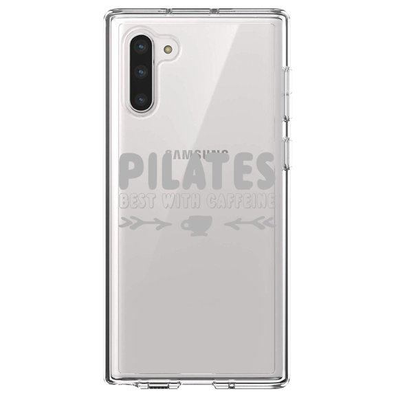 DistinctInk Clear Shockproof Hybrid Case for Samsung Galaxy Note 10 (6.3" Screen) - TPU Bumper Acrylic Back Tempered Glass Screen Protector - Pilates Best With Caffeine