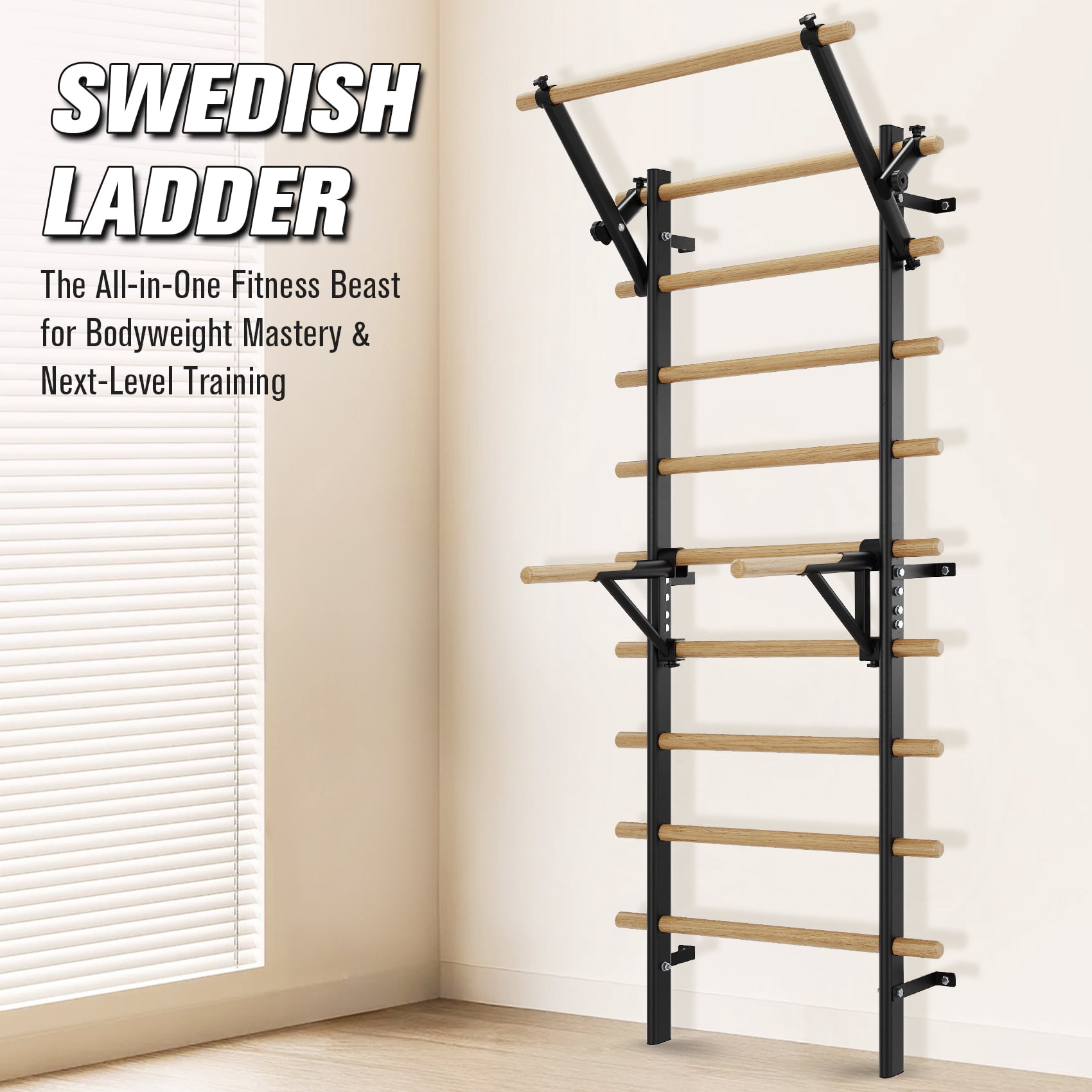 FiitDavz Swedish Ladder Wall Gym, Wooden Stall Bar with Pull-Up Bar and Dip Bar, Adjustable, 300 lb Capacity