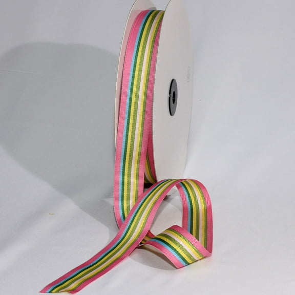 The Ribbon People Pink, Green and Blue Striped Grosgrain Woven Craft Ribbon 1" x 55 Yards