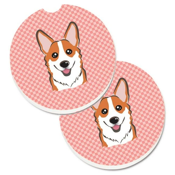 Checkerboard Pink Corgi Set of 2 Cup Holder Car Coaster