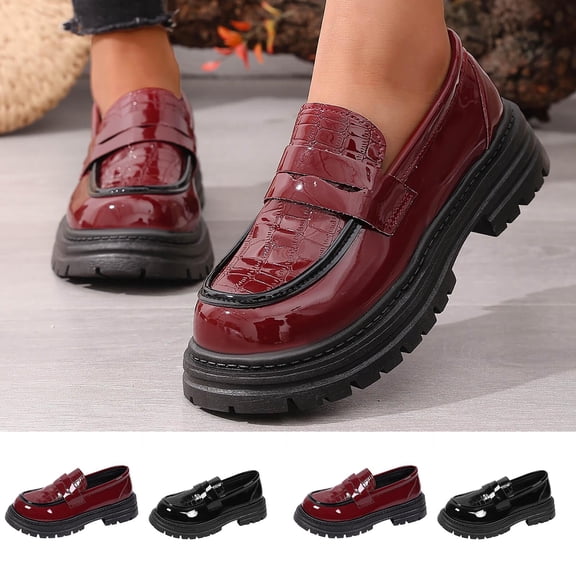 Women's Platform Loafers Wide Width, Patent Leather Crocodile Pattern Slip-On Shoes, Chunky Sole Low Heel Casual Dress Shoes, Burgundy/Black