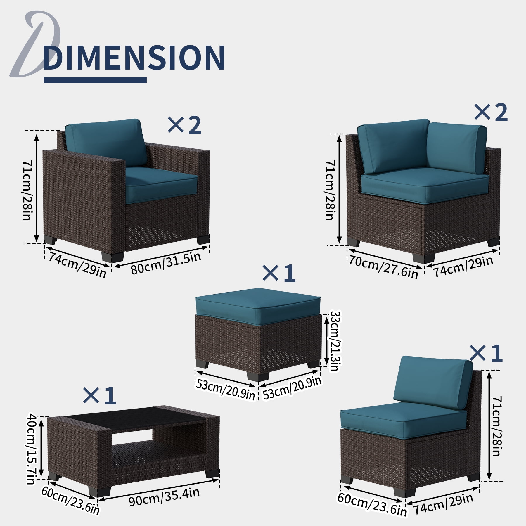 7-Piece Outdoor Patio Furniture Set, All-Weather Rattan Sectional Sofa with Waterproof Cushions & Tempered Glass Table, Perfect for Garden, Poolside, Backyard (Peacock Blue)