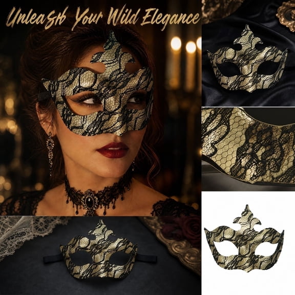 Lace Masquerade Mask, Masquerade Mask for Women 7 Inch Venetian Masquerade Masks, Mask Accessory for Masquerade Party, Mardi Gras Celebration, Gold Black Lace Design, 1 Pack