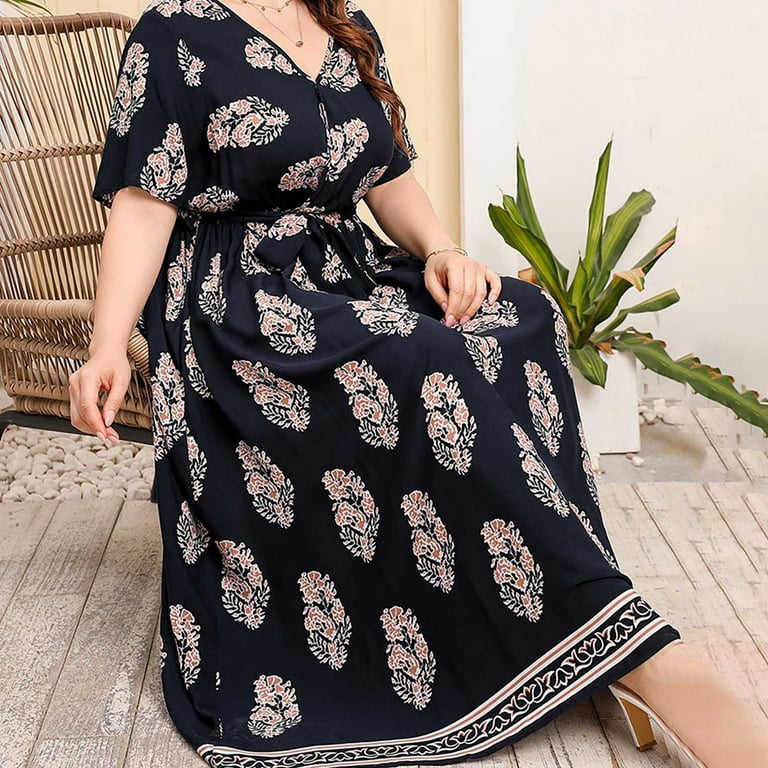 Womens Dress Clearance Plus Size Summer Casual Midi Clearance Dresses For  Women 2023 Women'S Summer Print Plus-Size Dress V-Neck Short Sleeve Elastic