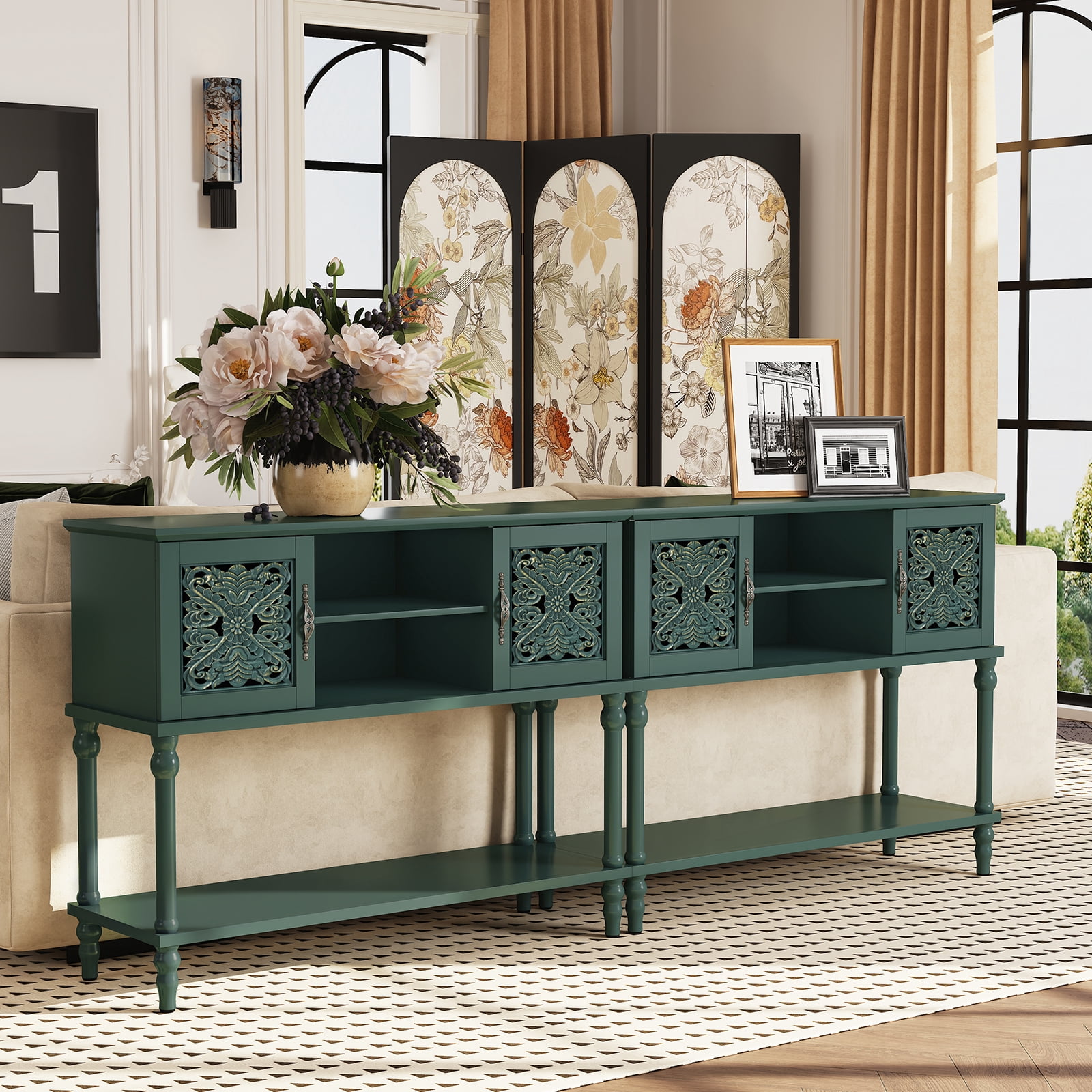HLR Modern 42" Console Table with Storage, Entryway Table Wood Behind Couch with Shelves for Living Room, Green