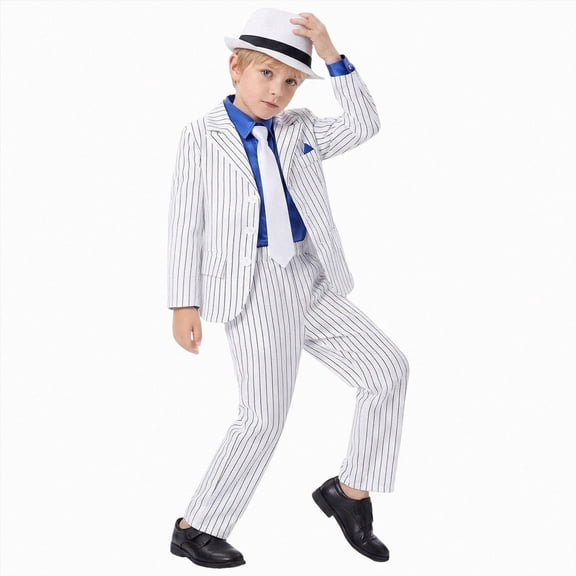 Boys Formal Suit Costume with White Hat Halloween Carnival 80s 90s Dance Party Outfit Set for Kids 8-13Y