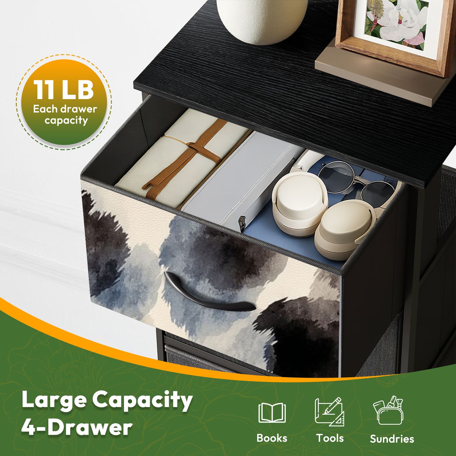 4 Drawer Vertical Storage Dresser Cute black brush strokes cream watercolor color brush with Wood Top Fabric Pull Drawers