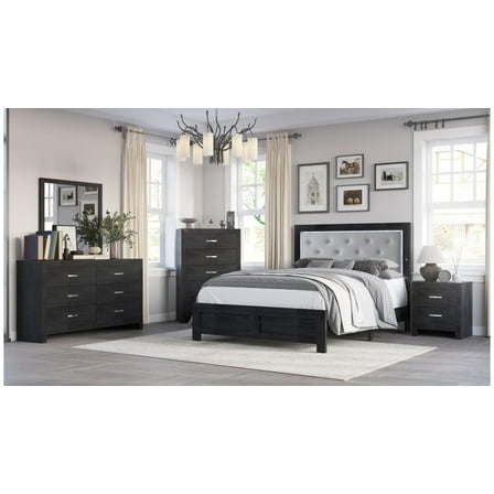 Modern 5pc Queen Size PU Upholstered LED Headboard Bed Dresser Mirror Nightstands Wooden Bedroom Furniture Set Black Finish