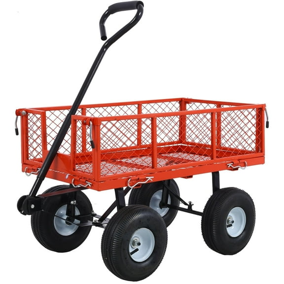 JOYFULIN Steel Garden Cart, 550LBS Heavy Duty Garden Wagon Cart with 10" All Terrain Tires, Mesh Removable Sides and 180°Rotating Handle, Metal Utility Wagon for Yard, Lawn, and Outdoor Use, Red