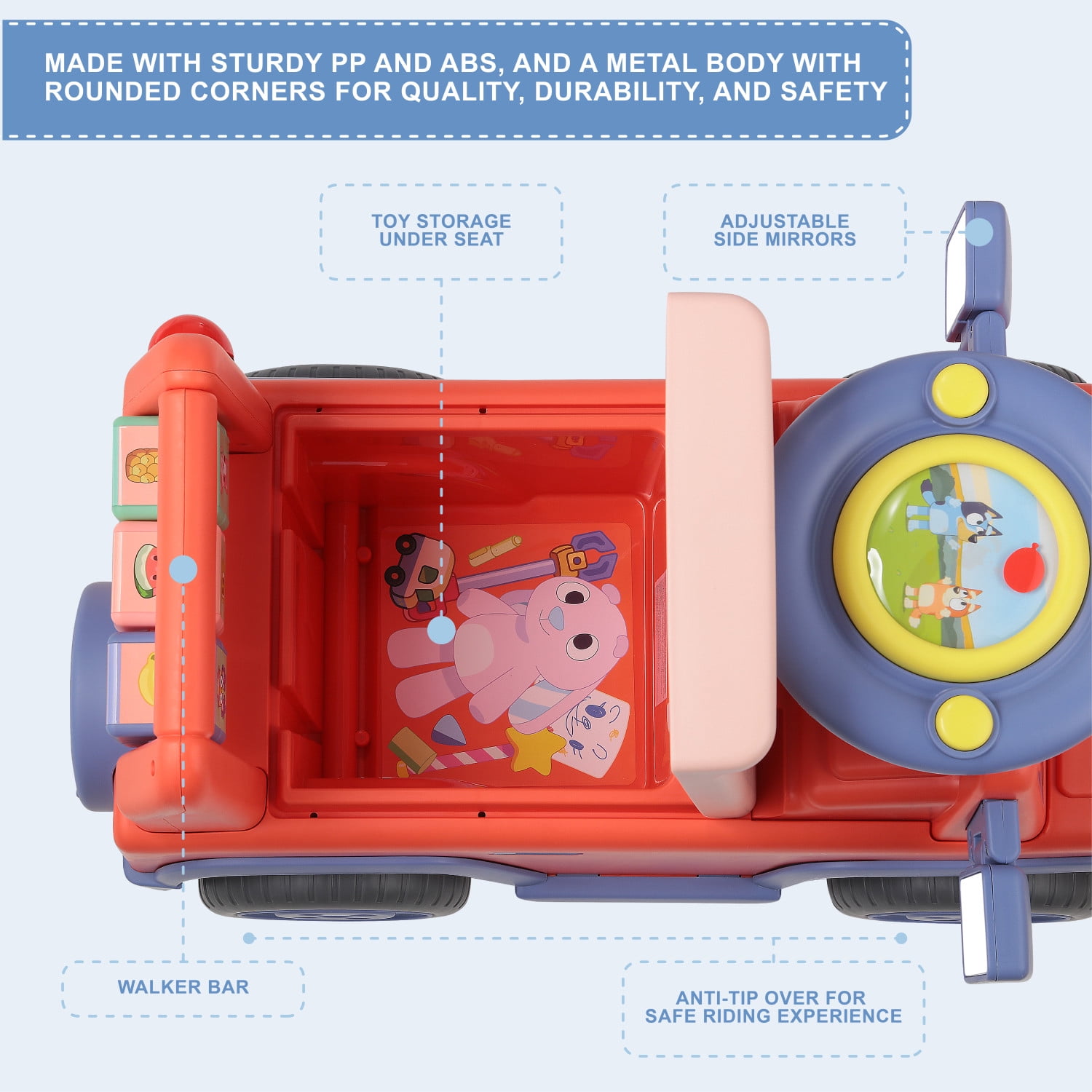 Bluey Licensed Interactive Ride-On Push Car for Boys and Girls, Foot-to-Floor, Ages 1-3, Orange