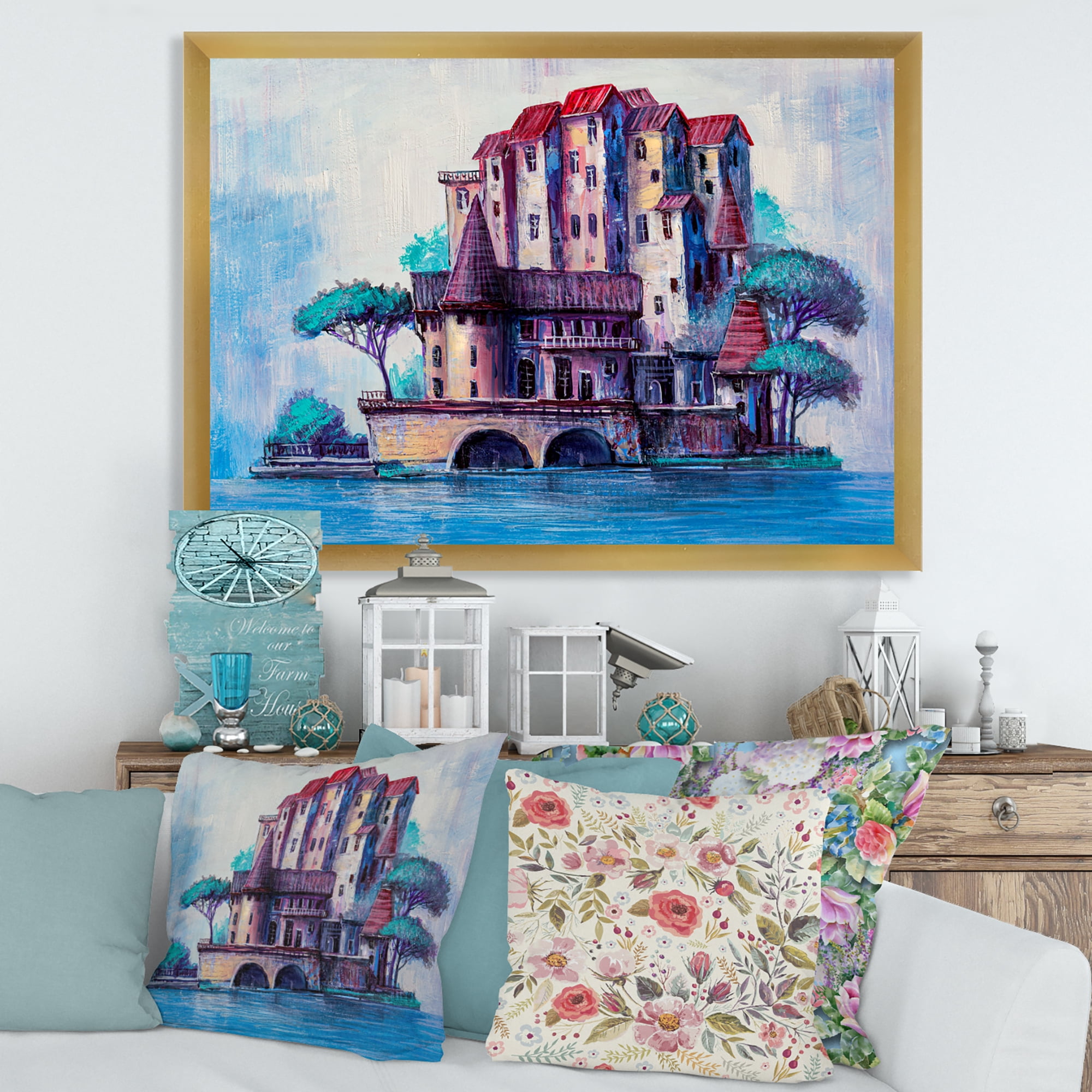 Designart 'Ancient City Skypscrapers By The Bridge' Traditional Framed Art Print