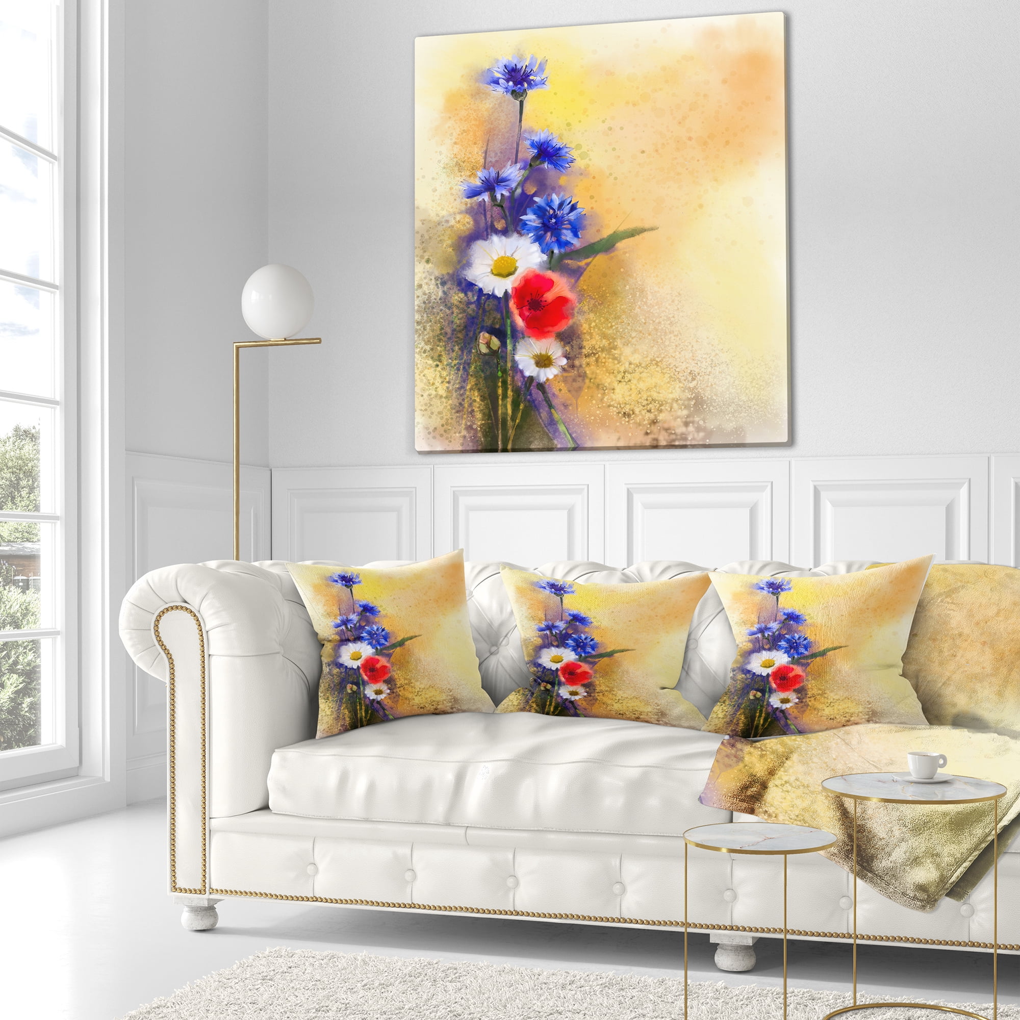Designart Bouquet of Poppy Cornflower and Daisy - Floral Throw Pillow - 16x16