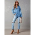 thumbnail image 6 of Women's Denim Shirt Long Sleeve Button Down Shirt, V-Neck Chambray Blouse Top for Women, Casual Work Shirt Dark Blue M, 6 of 10
