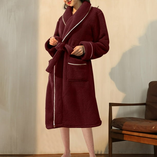 Batas para mujer, bata de baño lisa con vendaje, pijama largo, ropa de dormir con bolsillo en la cintura y cinturones.
