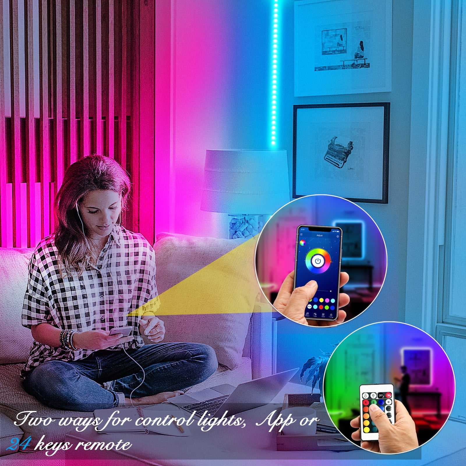 100FT/30M LED Strip Light, Smart RGB 5050 SMD Led Light Strip Music Sync  600LEDs Color Changing Light Strips Bluetooth APP Control with 44-Key  Remote